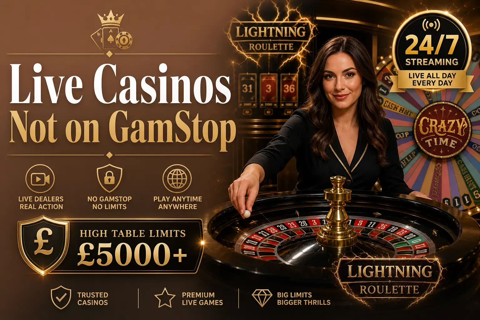 Live dealer tables at non-GamStop casinos including Lightning Roulette and Crazy Time with high table limits