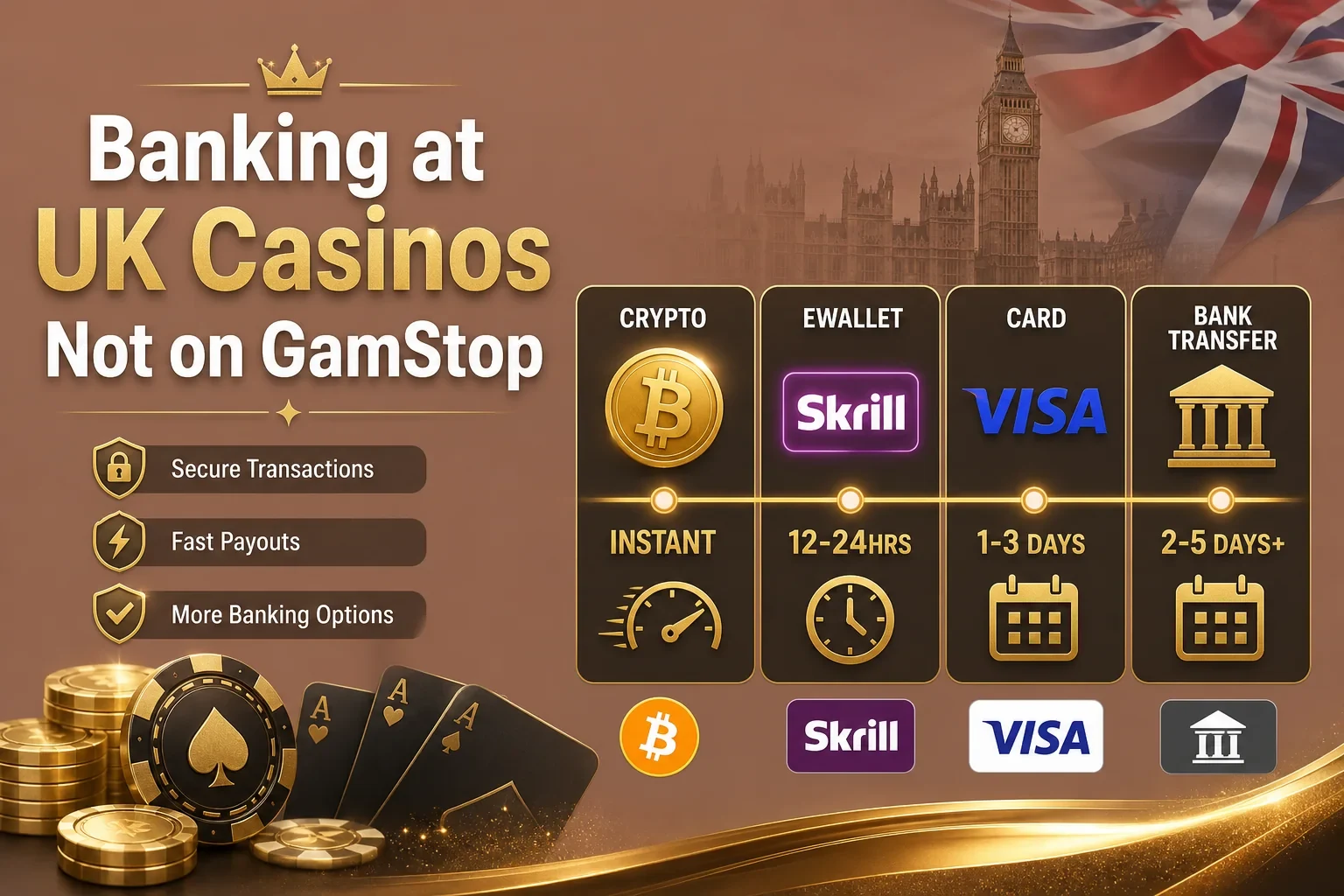 Banking methods at UK-facing non-GamStop casinos with typical processing times: crypto instant, e-wallet 12-24 hours, card 1-3 days, bank transfer 2-5 days